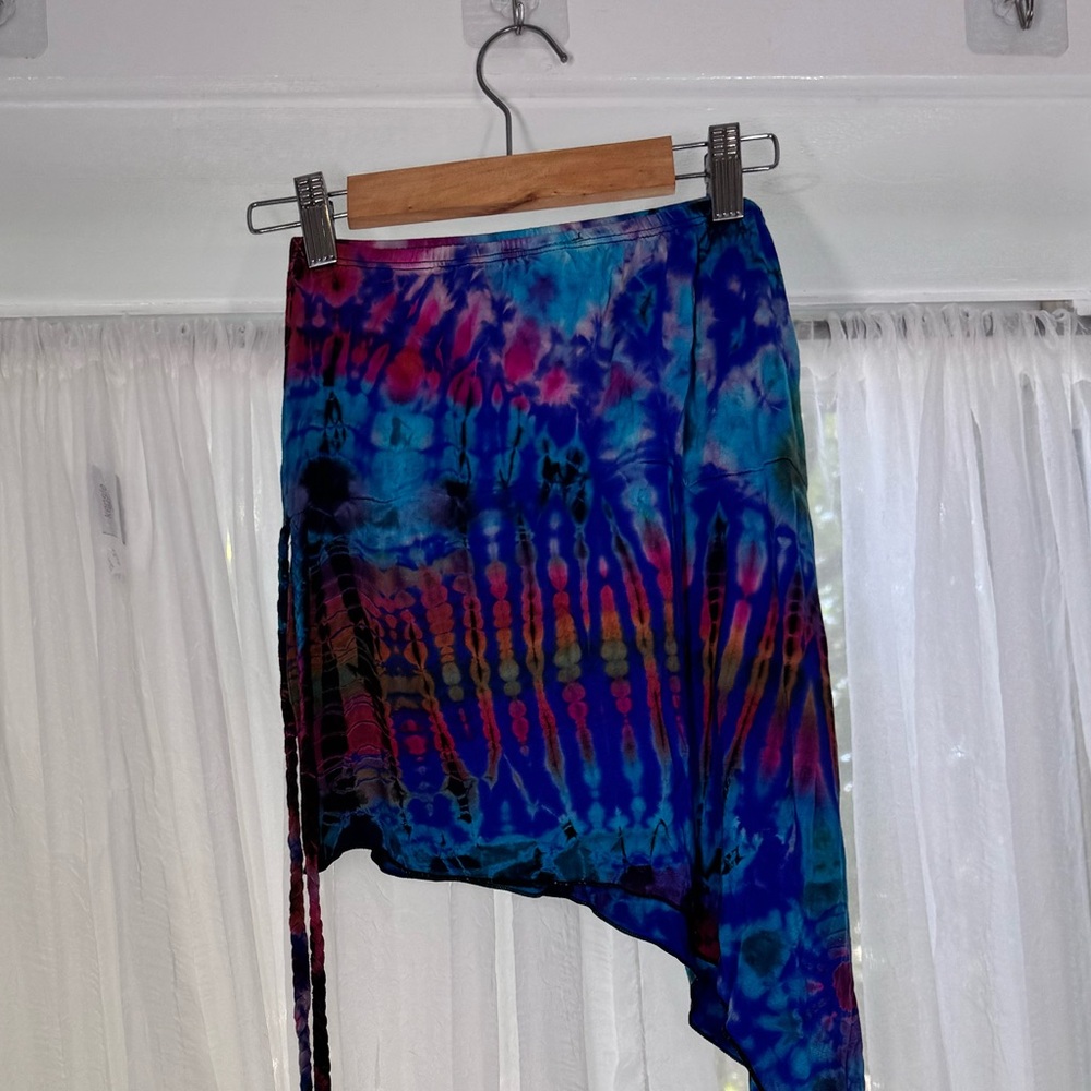 Tie Dye Strappy Beach Cover Up Mini Skirt with Asymmetrical Hem XS
